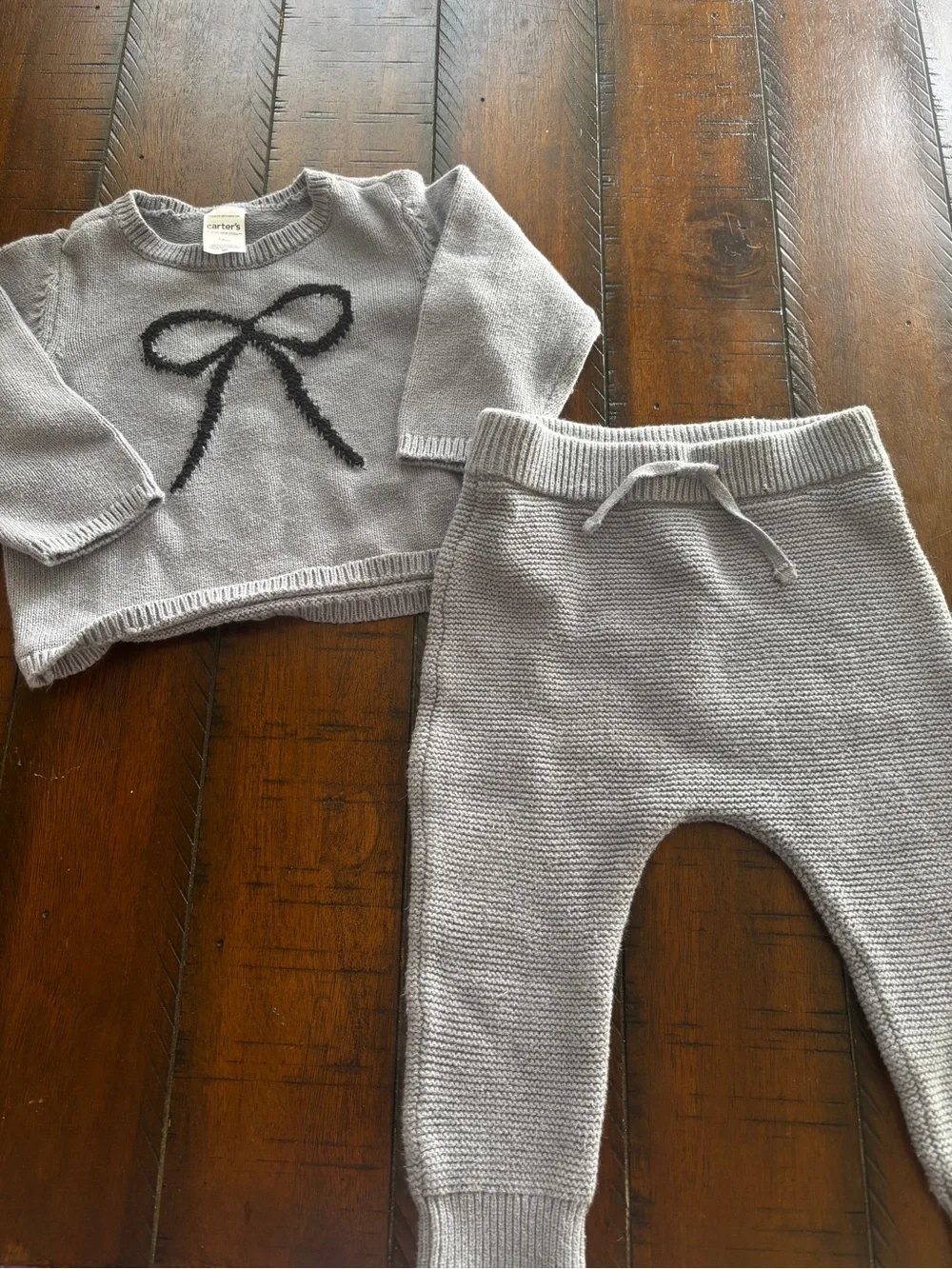 Blue Gray Knit Baby Sweater & Pants Set with Black Bow